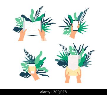 Set of people hands holding diverse objects with tropical green nature leaves on isolated white background. Recycled paper object or product presentat Stock Vector
