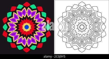 Coloring book template for adults and kids. Cute mandala cartoon vector flower Stock Vector