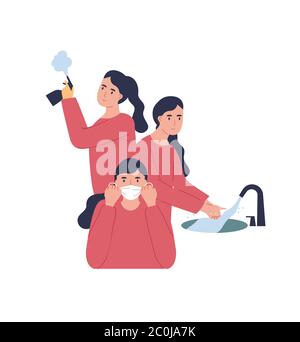 Woman character taking health protection measures for coronavirus disease prevention. Girl washing hands, disinfecting and wearing face mask on isolat Stock Vector