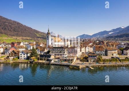Aerial view of the Arth Goldau village by lake Zug in Canton Schwyz in Central Switzerland on a sunny day. Stock Photo