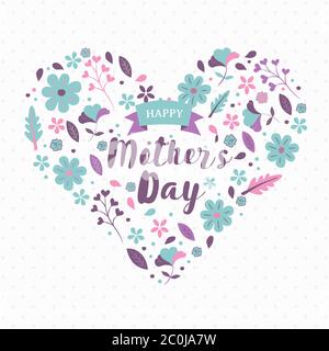 Happy mother's day greeting card of spring flower icons making heart shape for mother love holiday. Floral hand drawn decoration doodles in cute paste Stock Vector