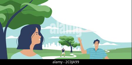 Man and woman saying hello in green public park landscape with trees, city skyline. Social meeting concept, friends hanging out. Includes copy space b Stock Vector