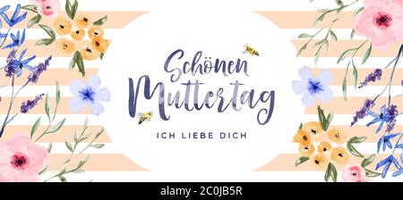 Happy Mother's Day greeting card banner in german language, hand drawn watercolor flowers and garden bees. Women family holiday floral spring decorati Stock Vector