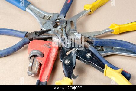 Pile of old tools used in the construction industry . Stock Photo