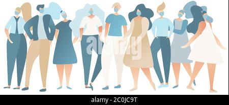 People standing next to each other wearing medical face masks. Stop spreading Coronavirus, take preventive measurments. Covid-19 danger. Flat vector. Stock Vector