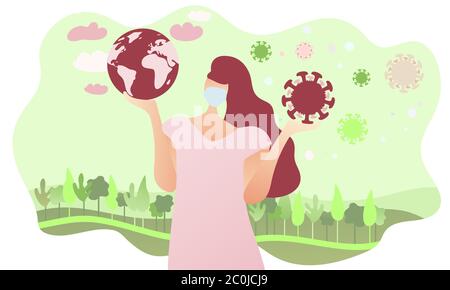 Woman holding the globe in one hand and Coronavirus in other. Thinking of our future. Covid-19 epidemic is our world. Stay safe. Flat vector illustrat Stock Vector