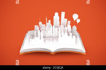 Open book with modern city skyline in 3d paper cut style. Empty white town papercut illustration for real estate business, architecture planning or ed Stock Vector