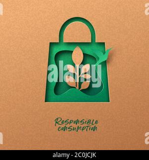Responsible consumption papercut illustration with green shopping bag icon, bird and plant leaf. Eco-friendly business, 3d cutout concept in recycled Stock Vector