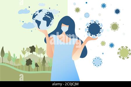 Woman holding the globe in one hand and Coronavirus in other. Thinking of our future. Covid-19 epidemic is our world. Stay safe. Flat vector. Stock Vector