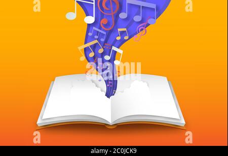 Open book of colorful music note sheet in paper cut style. Musical skill design, 3d papercut illustration for education or creative concept. Stock Vector