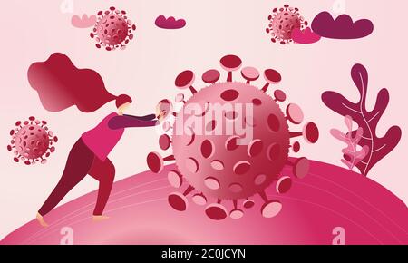 Woman is leaning on the coronavirus and pushing it away. Fight Covid-19 concept illustration. Stay safe and be careful in pandemic time. Abstract pink Stock Vector