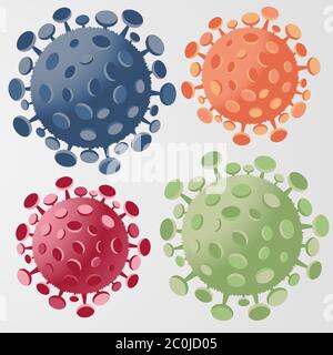 Set of four coronavirus symbols. Covid-19 virus concept vector illustration. Blue, orange, pink and green abstract viral cells. Stock Vector