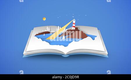 Open book of beach coast landscape in paper cut style with lighthouse, boat and coastal town. Summer sea side view, 3d papercut illustration for touri Stock Vector