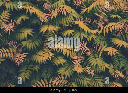 Tropical plants seamless pattern. Spring background with green leaves. Seamless flower and palm tree leaf. View from above. Stock Photo