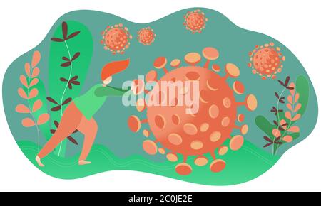 Man is leaning on the coronavirus and pushing it away. Fight Covid-19 concept illustration. Stay safe and be careful in pandemic time. Abstract concep Stock Vector