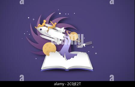 Open book of people on space rocket ship in paper cut style with spaceship, satellite and planet. Creative exploration design, 3d papercut illustratio Stock Vector