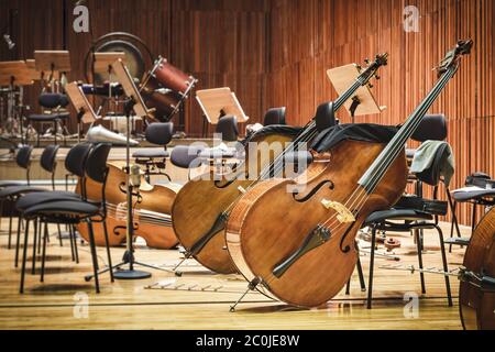 Cello Music instruments on a stage Stock Photo