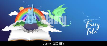 Open book of fantasy fairy tale magic kingdom in paper cut style with dragon and rainbow sky. Medieval land children story, 3d papercut illustration f Stock Vector