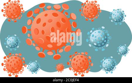 Coronavirus Covid-19 symbol background. Microscopic view of virus cells close up. Background with orange and blue viral cells. Vector illustration. Stock Vector