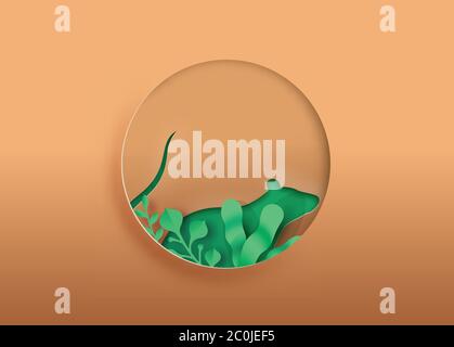Rat paper cut illustration with green plant leaf, circle shape cutout for pet animal care, education or eco-friendly pest control concept. Realistic m Stock Vector