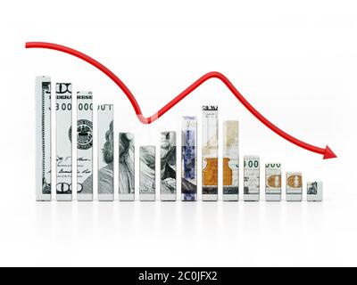 Dollar textured bars and falling arrow. 3D illustration. Stock Photo