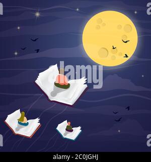 People sitting on open book flying in night time dream landscape with moon and birds for reading imagination concept. Creative study textbook or ficti Stock Vector