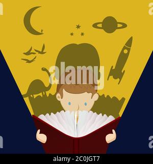 Little boy reading book for education or imagination concept. Child in fantasy world with dinosaur, space rocket and planet. Bedtime story at night. Stock Vector