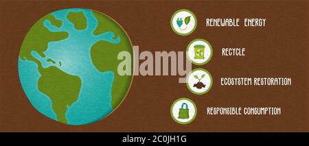 Eco friendly infographic banner template for green planet help, educational environment illustration includes renewable energy, recycle and paper bag Stock Vector