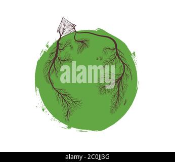 World map made of hand drawn tree root or branch with house, green paint circle on isolated background. Earth planet home concept for united community Stock Vector