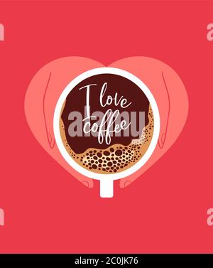 I love coffee illustration of people hands holding hot drink cup in heart shape for energy beverage lover concept. Stock Vector