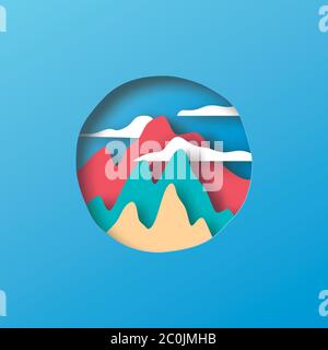 Paper cut circle with layered 3d mountain landscape inside. Colorful hills and sky environment for nature adventure or travel concept. Stock Vector