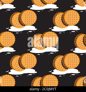 seamless pattern of cookie sandwich with chocolate on a black background. Vector image Stock Vector