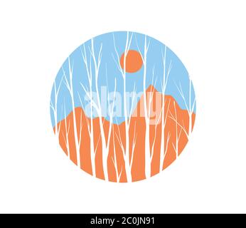 Winter tree forest with mountain and sun on isolated background. Abstract nature landscape circle icon, woods horizon illustration design. Stock Vector