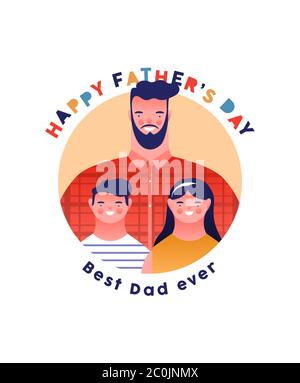 Happy Father's Day greeting card illustration of dad with little boy and girl children smiling. Family portrait for special fathers holiday event. Stock Vector