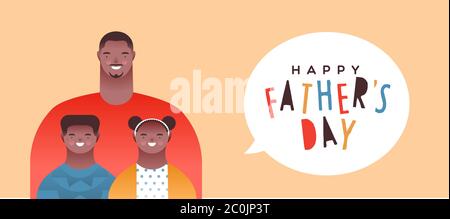 Happy Father's Day banner illustration of african american dad with little boy and girl children smiling. Family portrait for special fathers holiday Stock Vector