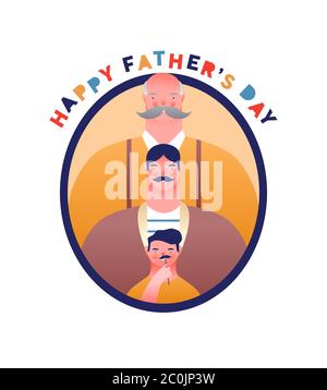 Happy Father's Day greeting card illustration of funny dad, little boy son and grandfather with big moustache. Multi generation family portrait for sp Stock Vector