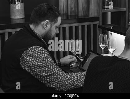 Sommelier, cavist. Training in school sommelier. Wine school. Wine tasting.  Stock Photo