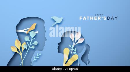 Happy Father's Day papercut greeting card illustration of father, girl daughter. Dad and kid cutout in realistic 3D style with nature leaf paper craft Stock Vector