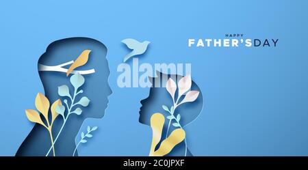 Happy Father's Day papercut greeting card illustration of father, boy son. Dad and kid cutout in realistic 3D style with nature leaf paper craft decor Stock Vector