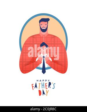 Happy Father's Day greeting card illustration, funny dad fixing child son tie in modern flat cartoon style. Father and kid together for special family Stock Vector