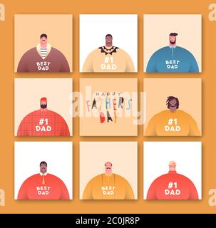 Happy Fathers Day greeting card illustration set of diverse men people group in modern flat cartoon style. Different age father team for special famil Stock Vector