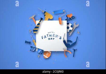 Happy Father's Day greeting card of white frame with 3d paper cut icon decoration. Includes mustache beard, neck tie, sport balls and tools for specia Stock Vector