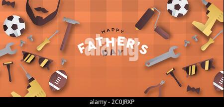 Happy Father's Day banner illustration of 3d paper cut icon decoration. Includes mustache beard, neck tie, sport balls and tools for special family ho Stock Vector