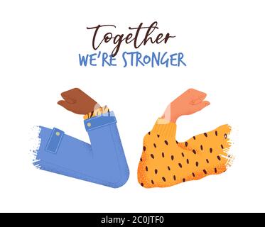 Together we are stronger illustration concept with young people doing elbow bump greeting. Strong team support message for social teamwork campaign or Stock Vector