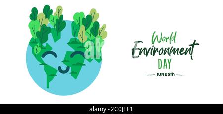 World Environment Day banner illustration of happy earth for june 5th nature holiday. Green planet character with trees and clean water in cute flat c Stock Vector