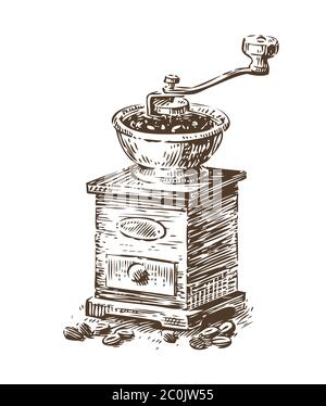 Coffee grinder sketch. Vintage vector illustration. Menu design for cafe and restaurant Stock Vector