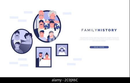 Family history web template illustration of old photo frames and families cartoon people characters. Life memories or genealogy study landing page bac Stock Vector