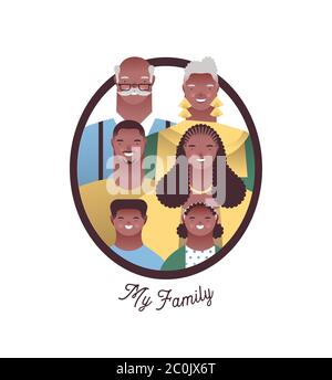 African american family photo frame with happy mom, dad, grandparent and children. Families ancestry study or history education concept on isolated wh Stock Vector