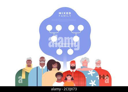 Big mixed race family people set with genealogy tree template. Families ancestry study or history education concept on isolated white background. Stock Vector