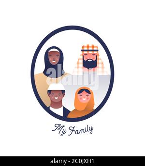 Arab muslim family photo frame with happy mom, dad, grandparent and children. Families ancestry study or immigrant culture concept on isolated white b Stock Vector